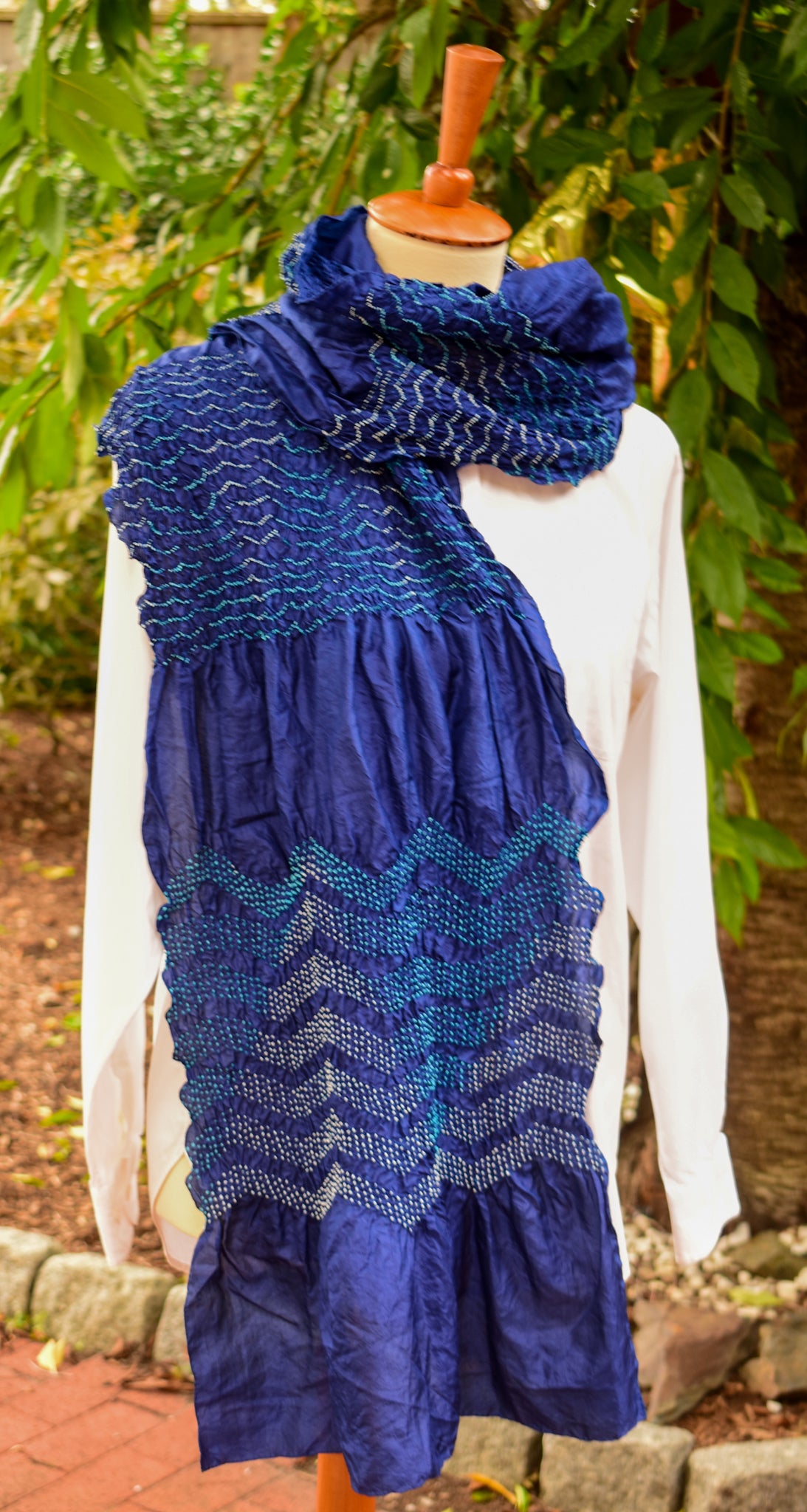 Tiny Dots Bandhani Scarf — Blue — texture detail