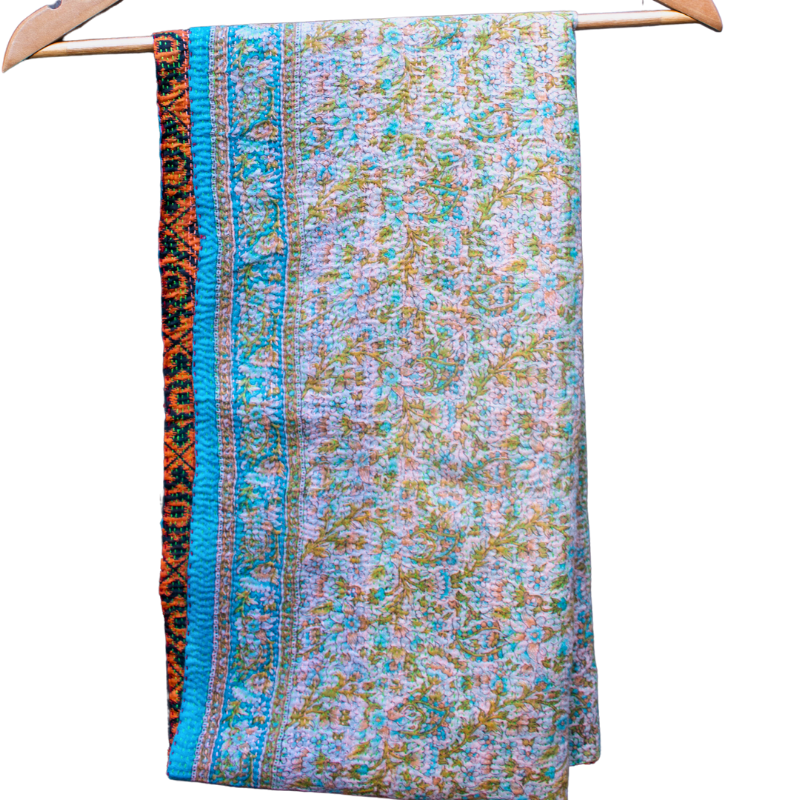 Kantha Silk Sari Shawl — Rust Floral Print — texture detail