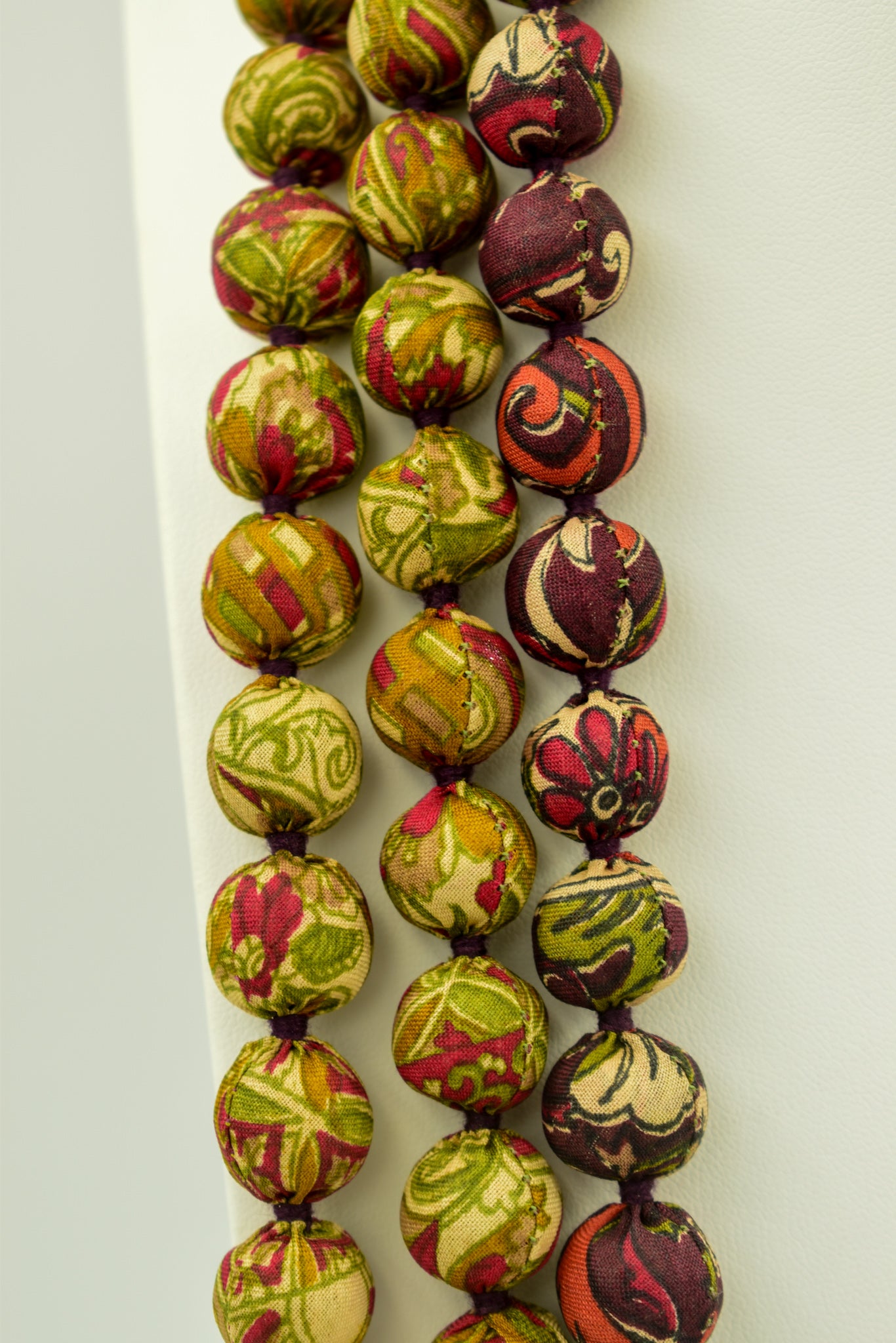 Sari Silk Bead Necklace, 3-String — Green, Maroon and Rust — detail of beads