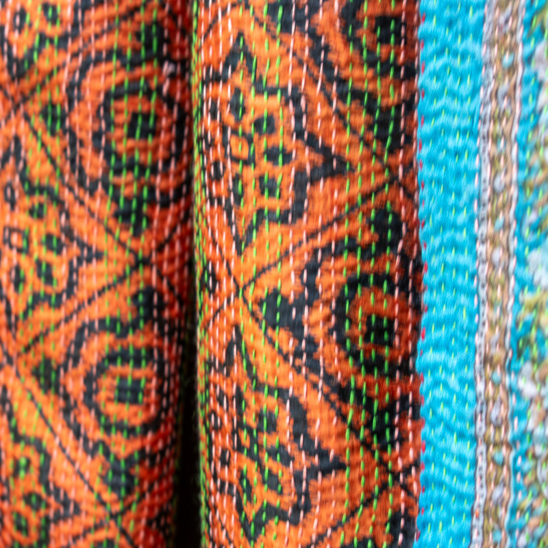 Kantha Silk Sari Shawl — Rust Floral Print — styling view