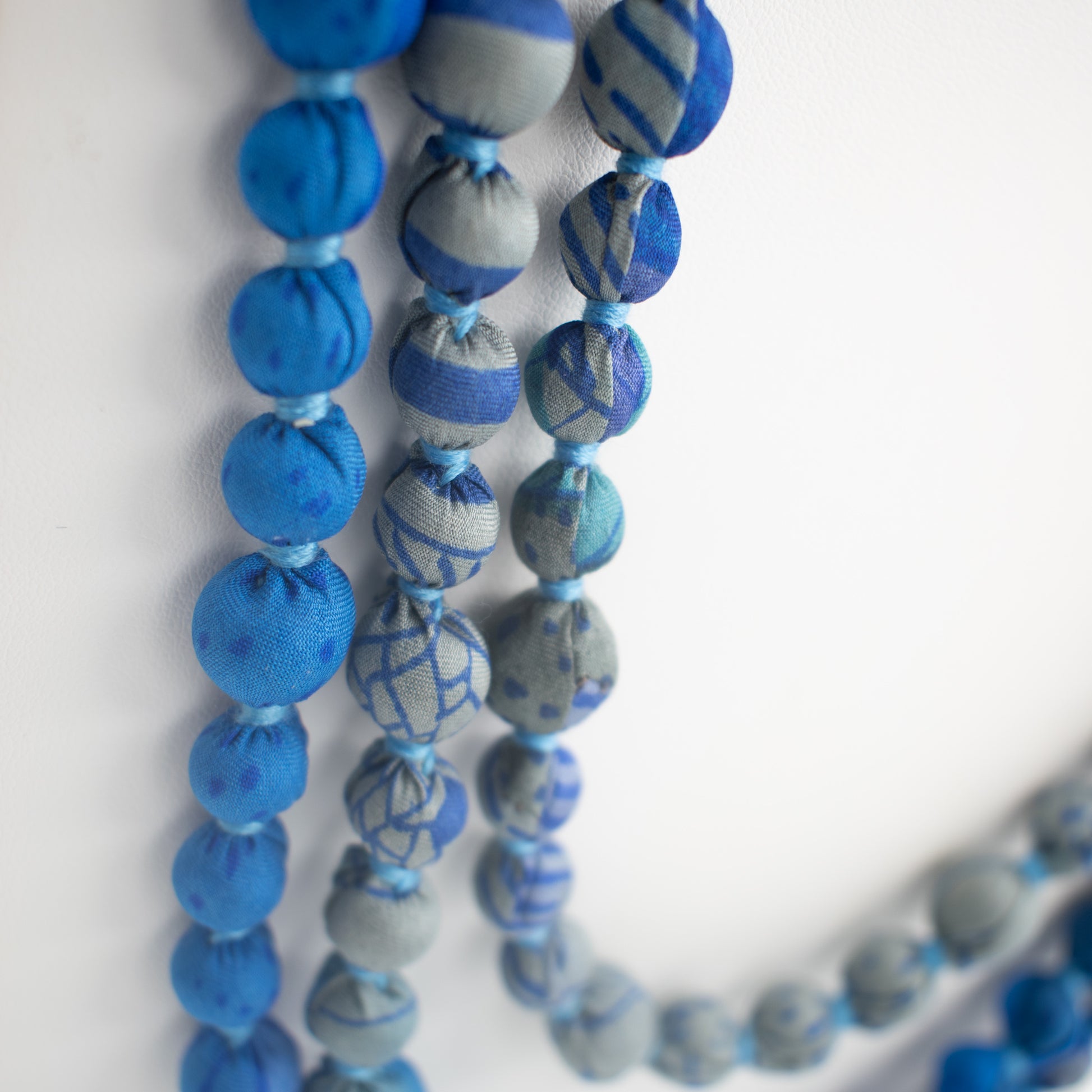 Sari Silk Bead Necklace, 1-String — Blue Grey — worn on neck