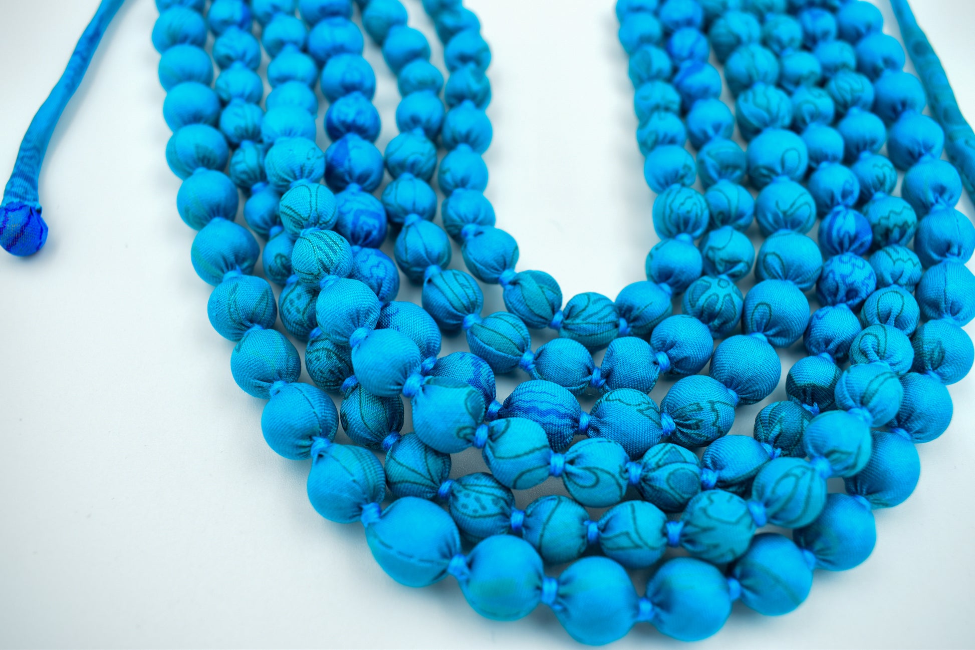 Smooth Sailing — Sari Silk Bead Necklace, 6-String — Caribbean Blue — detail of beads