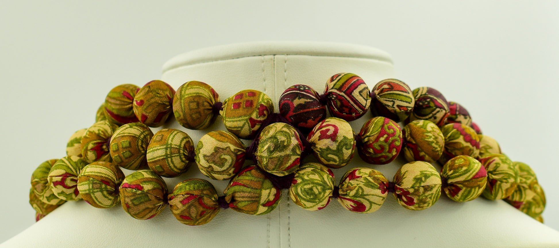 Sari Silk Bead Necklace, 3-String — Green, Maroon and Rust — styling view