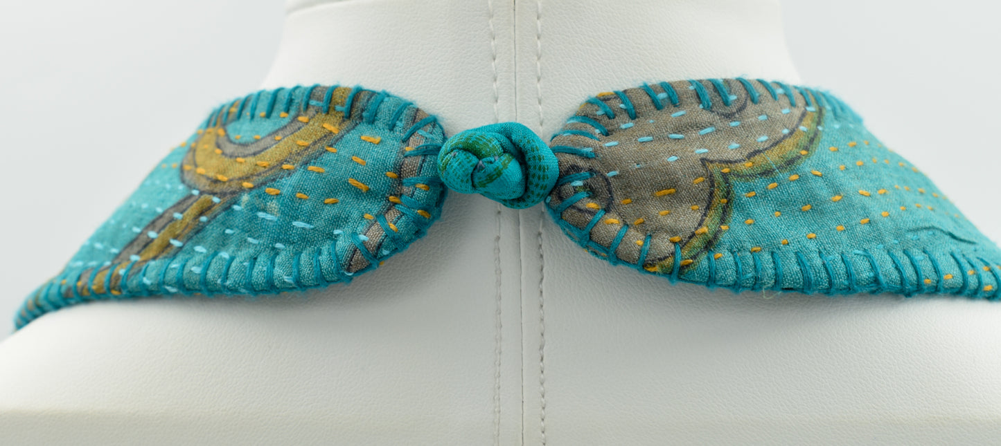 Teal Magic — Sari Kantha Bead Necklace — Blue and Green — styling view