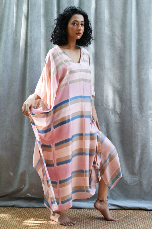 Silk Shibori Kaftan — Blush Stripe