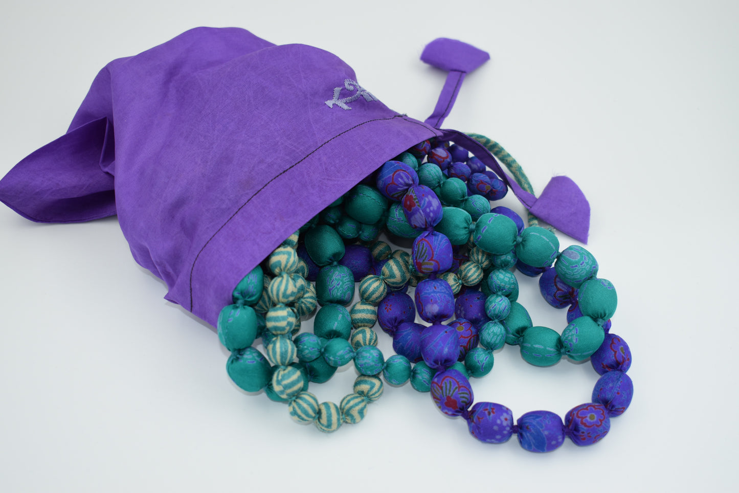 Peppermint — Sari Silk Necklace, Iris Style — Purple and Mint — view 6