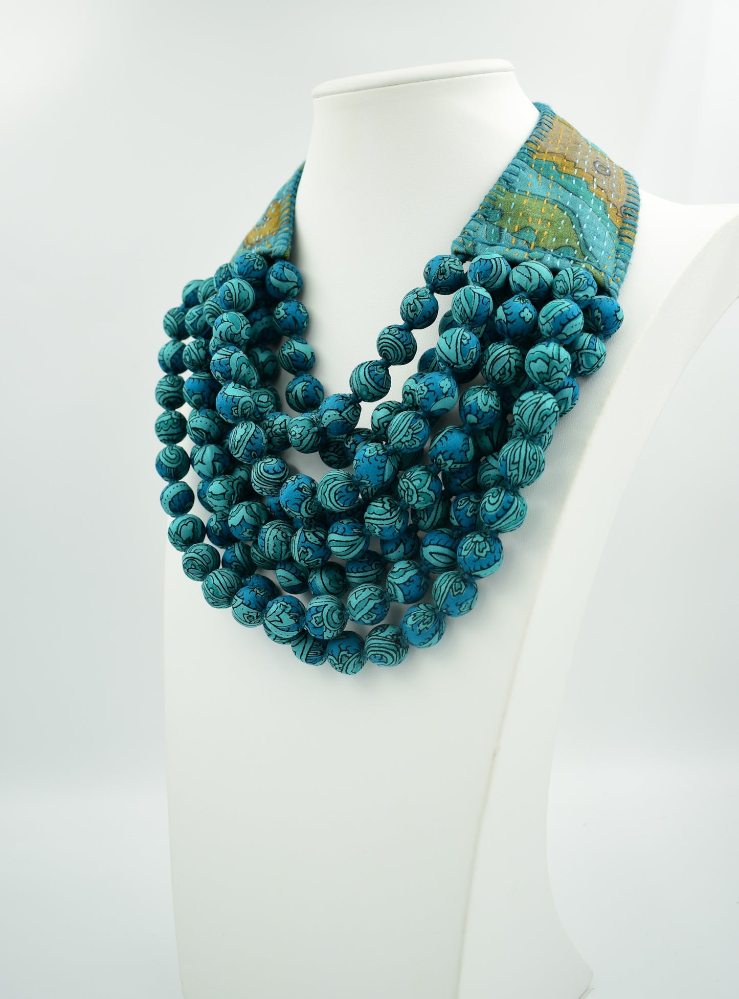 Teal Magic — Sari Kantha Bead Necklace — Blue and Green — close-up detail
