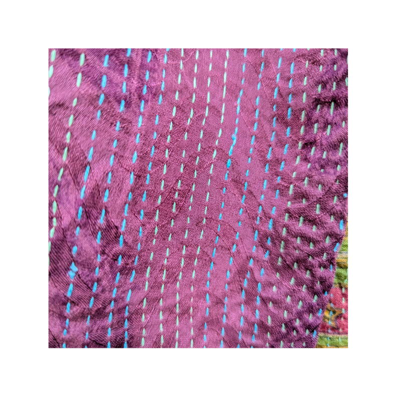 Kantha Silk Sari Shawl — Burgundy, Green and Gold — texture detail