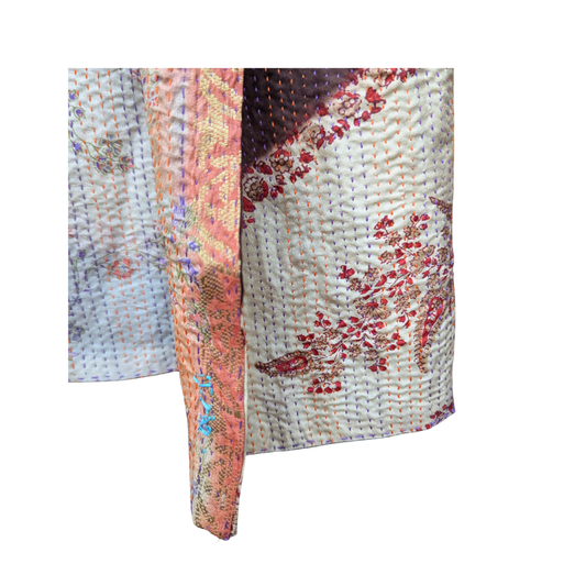 Kantha Silk Sari Shawl — Brown and Cream Floral — draped
