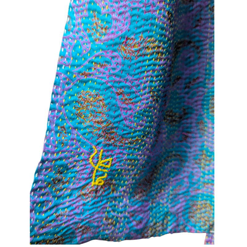Kantha Silk Sari Shawl — Rose Pink and Teal — texture detail