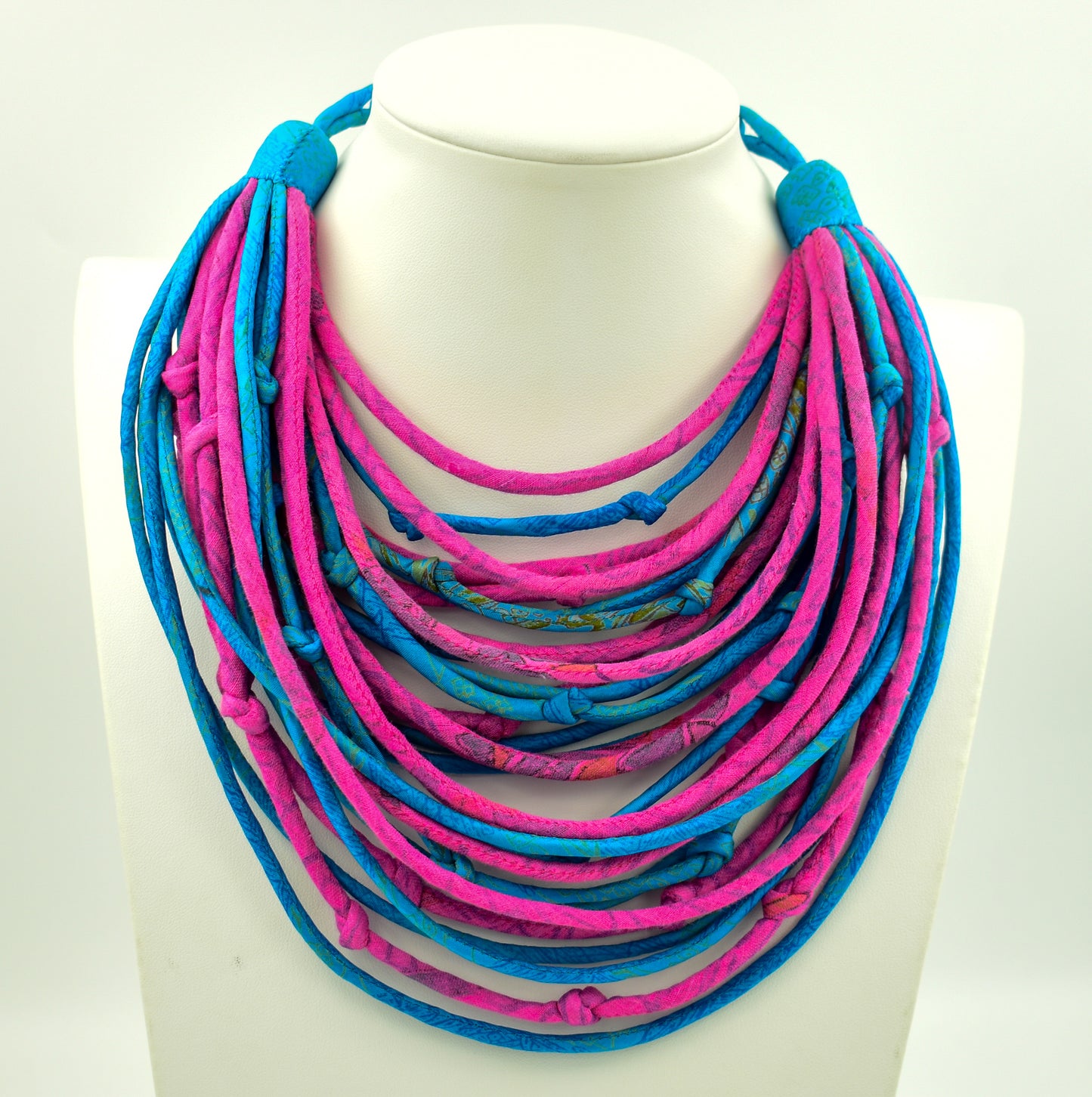 Sari Silk Bead Necklace — Pink and Blue