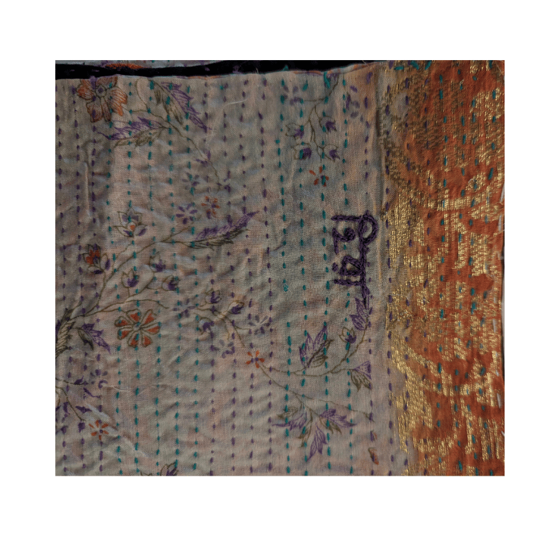 Kantha Silk Sari Shawl — Orange, Black and Peach — view 6