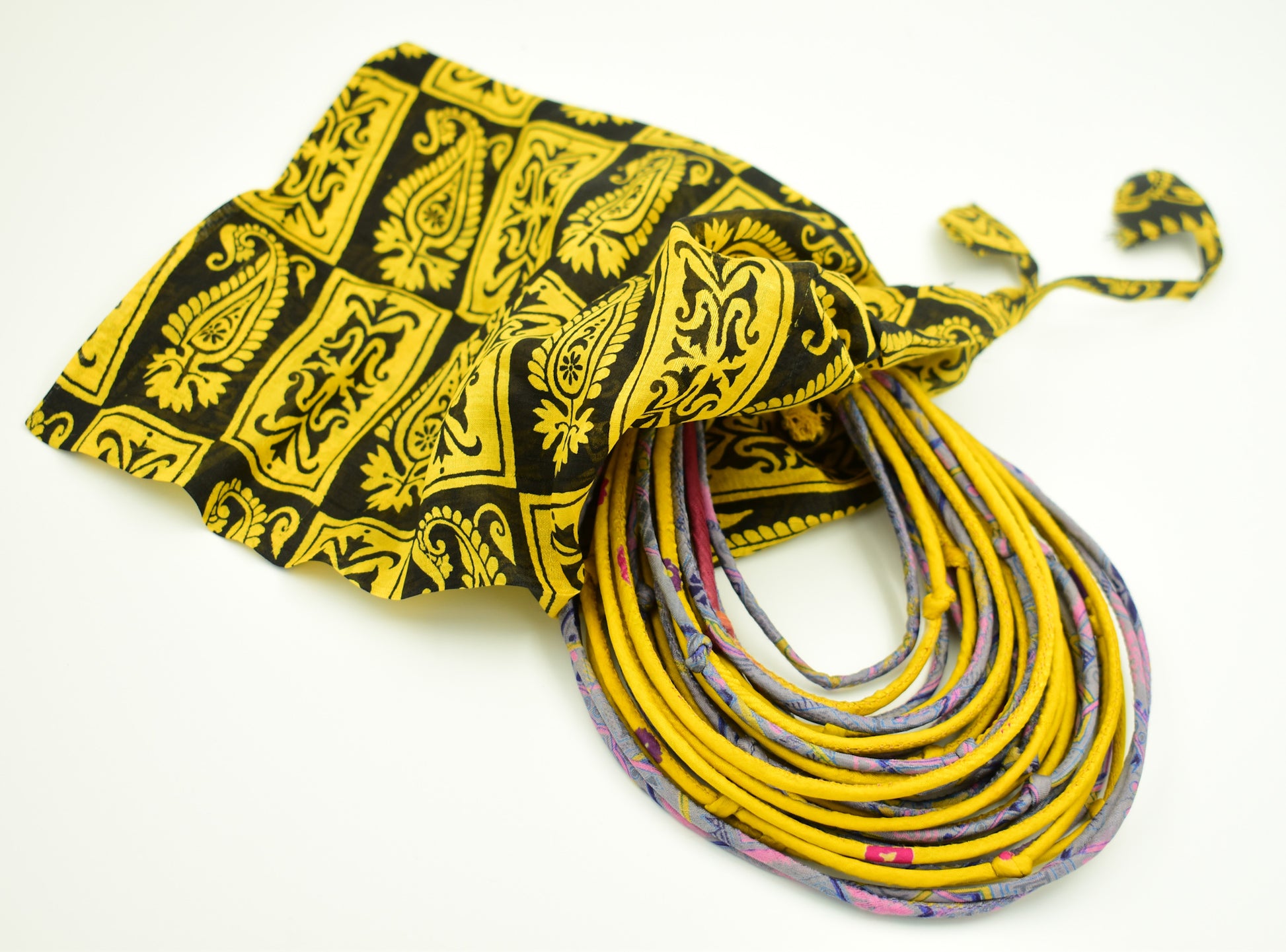 Sari Silk Bead Necklace — Yellow and Grey — close-up detail