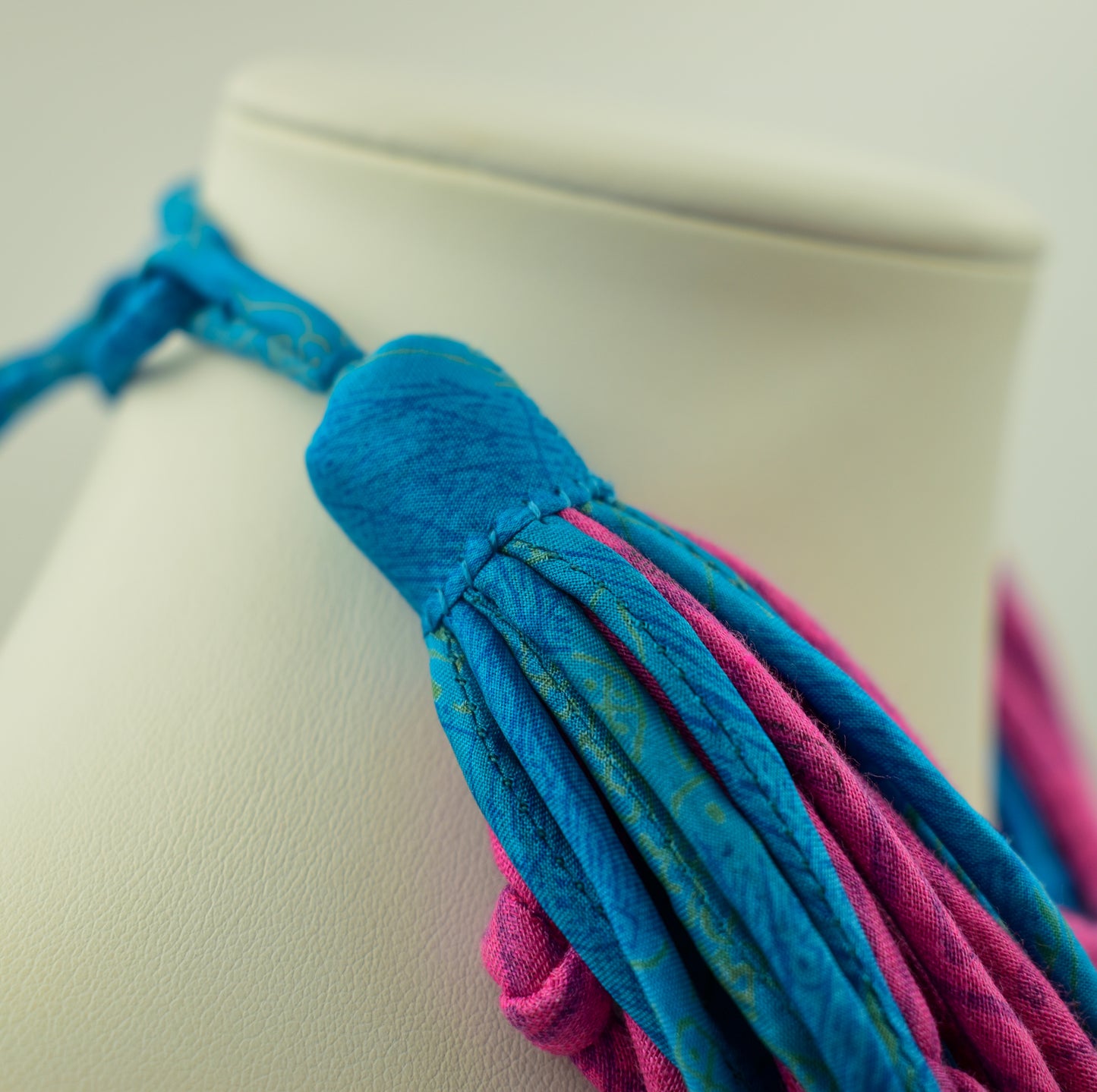 Sari Silk Bead Necklace — Pink and Blue — worn on neck
