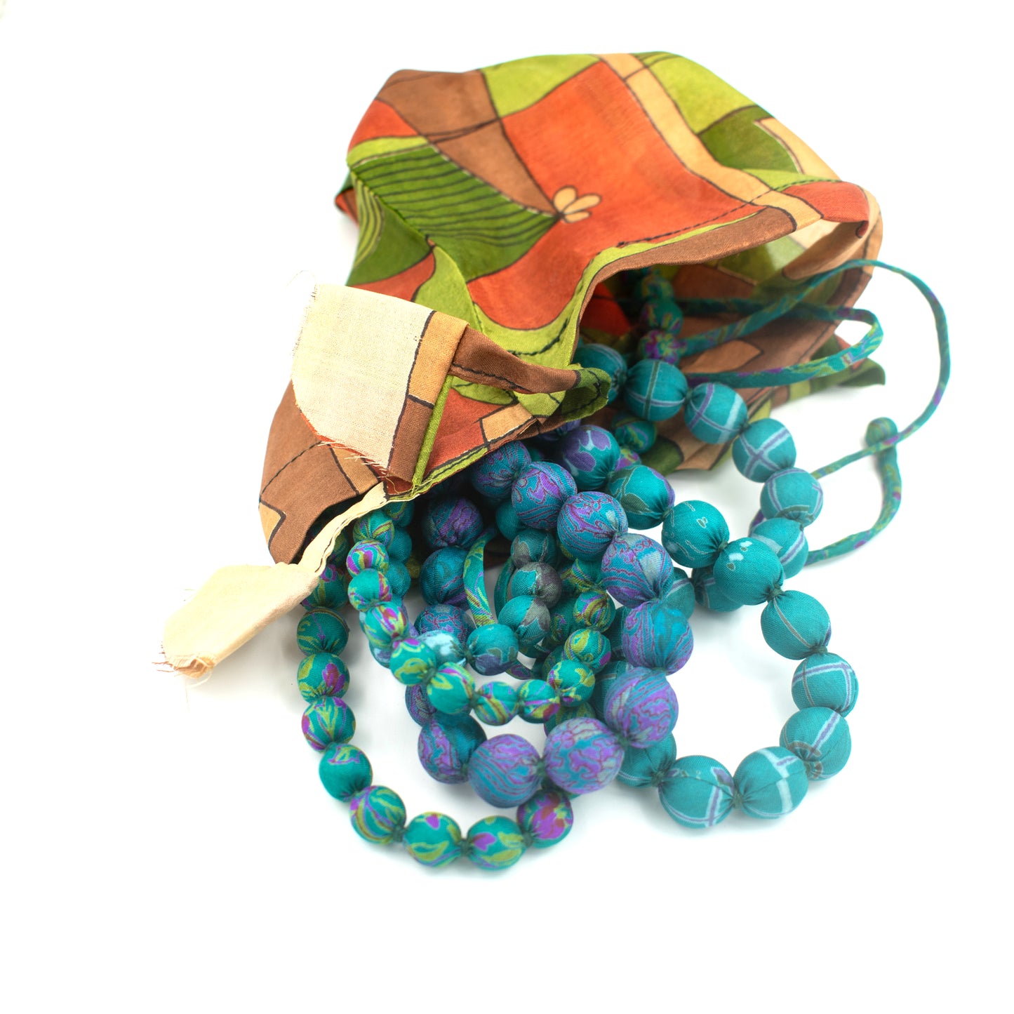 Sari Silk Bead Necklace, 5-String — Teal — styling view