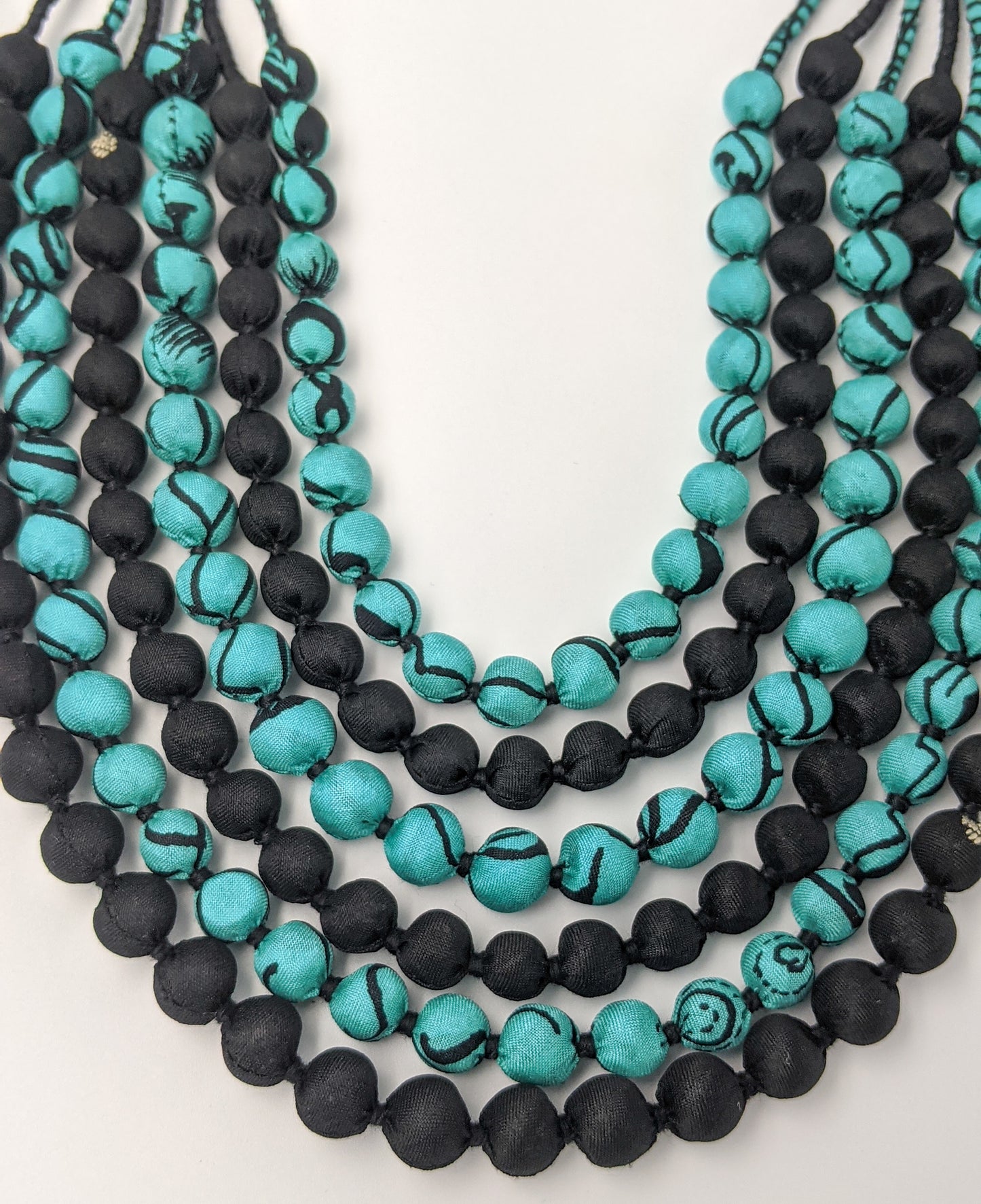 Sari Silk Bead Necklace, 6-String — Mint and Black — close-up detail
