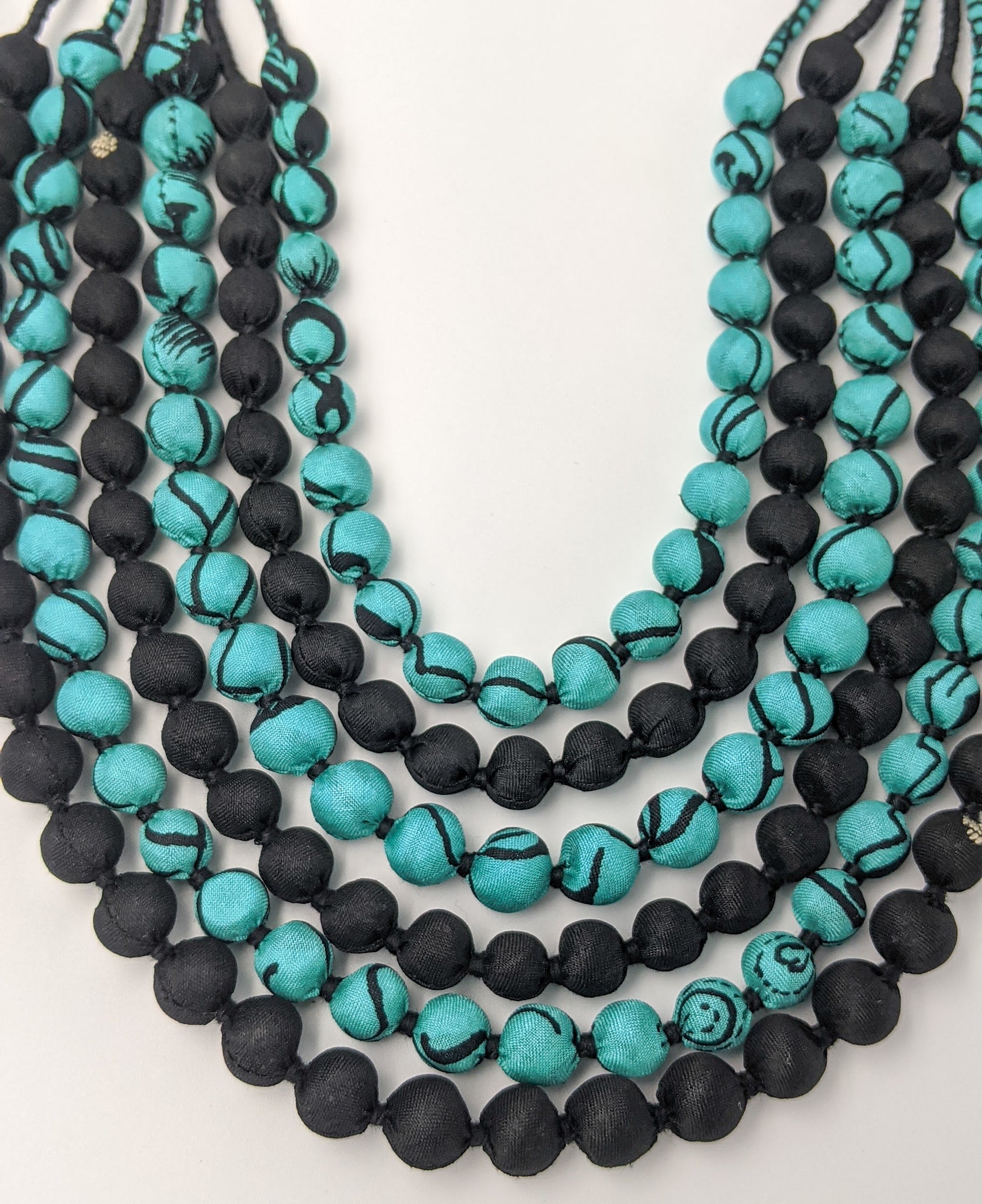 Sari Silk Bead Necklace, 6-String — Mint and Black — close-up detail