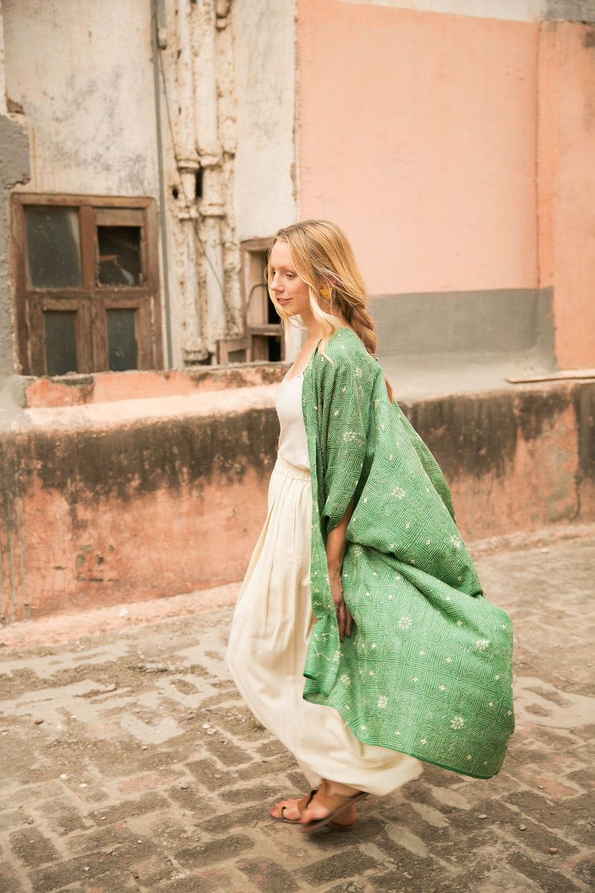 Wild Tussar Silk Kantha Robe — Green Floral — detail