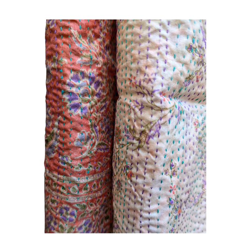Kantha Silk Sari Shawl — Orange, Black and Peach — close-up detail