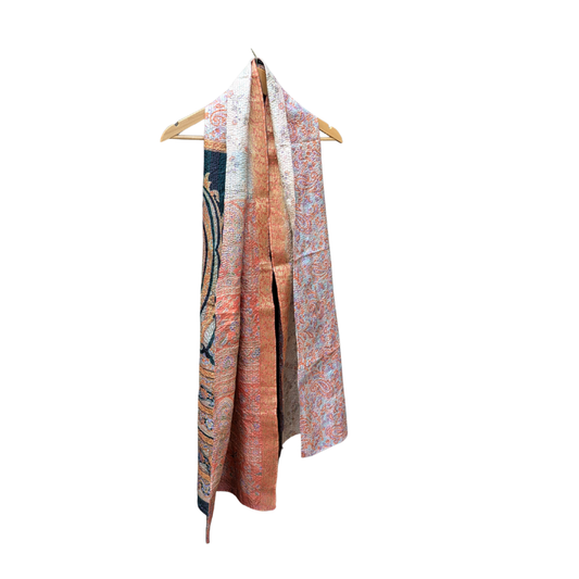Kantha Silk Sari Shawl — Orange, Black and Peach