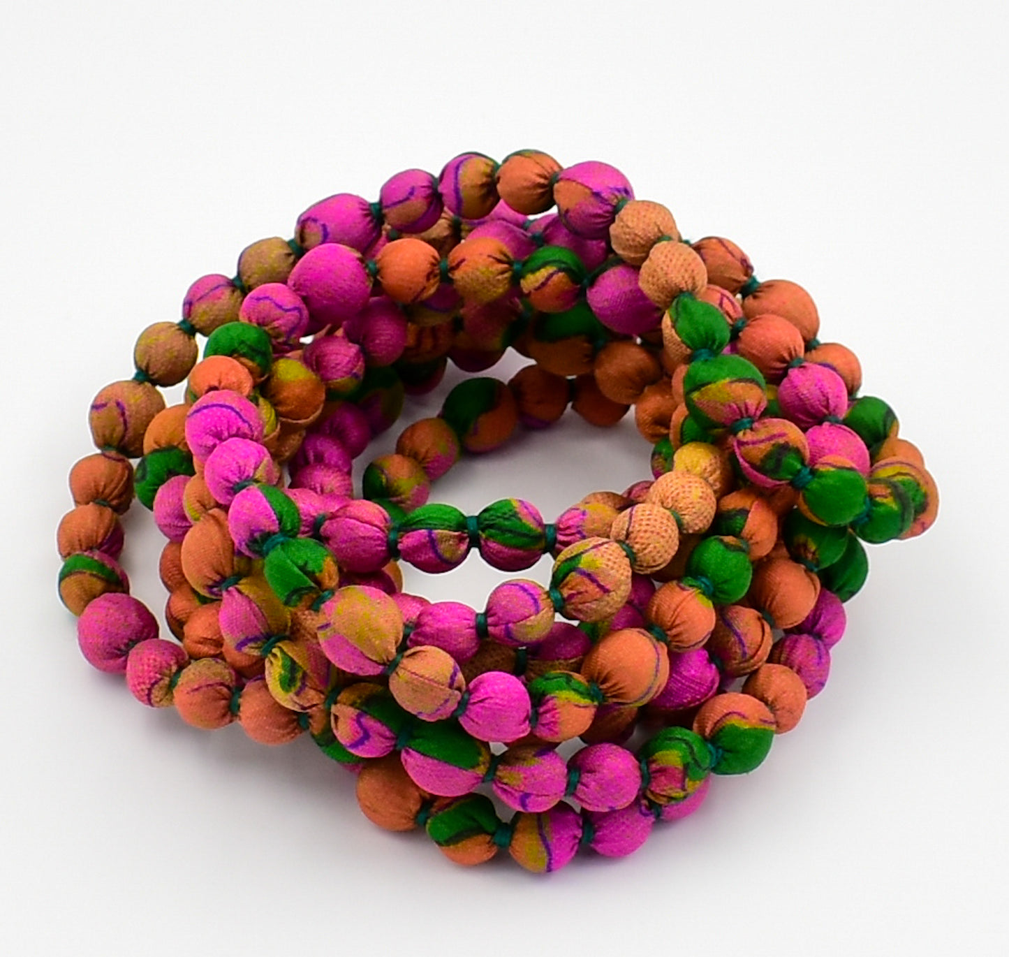 Mosaic — Sari Silk Bead Necklace, 1-String — Pink, Rust and Green — detail of beads
