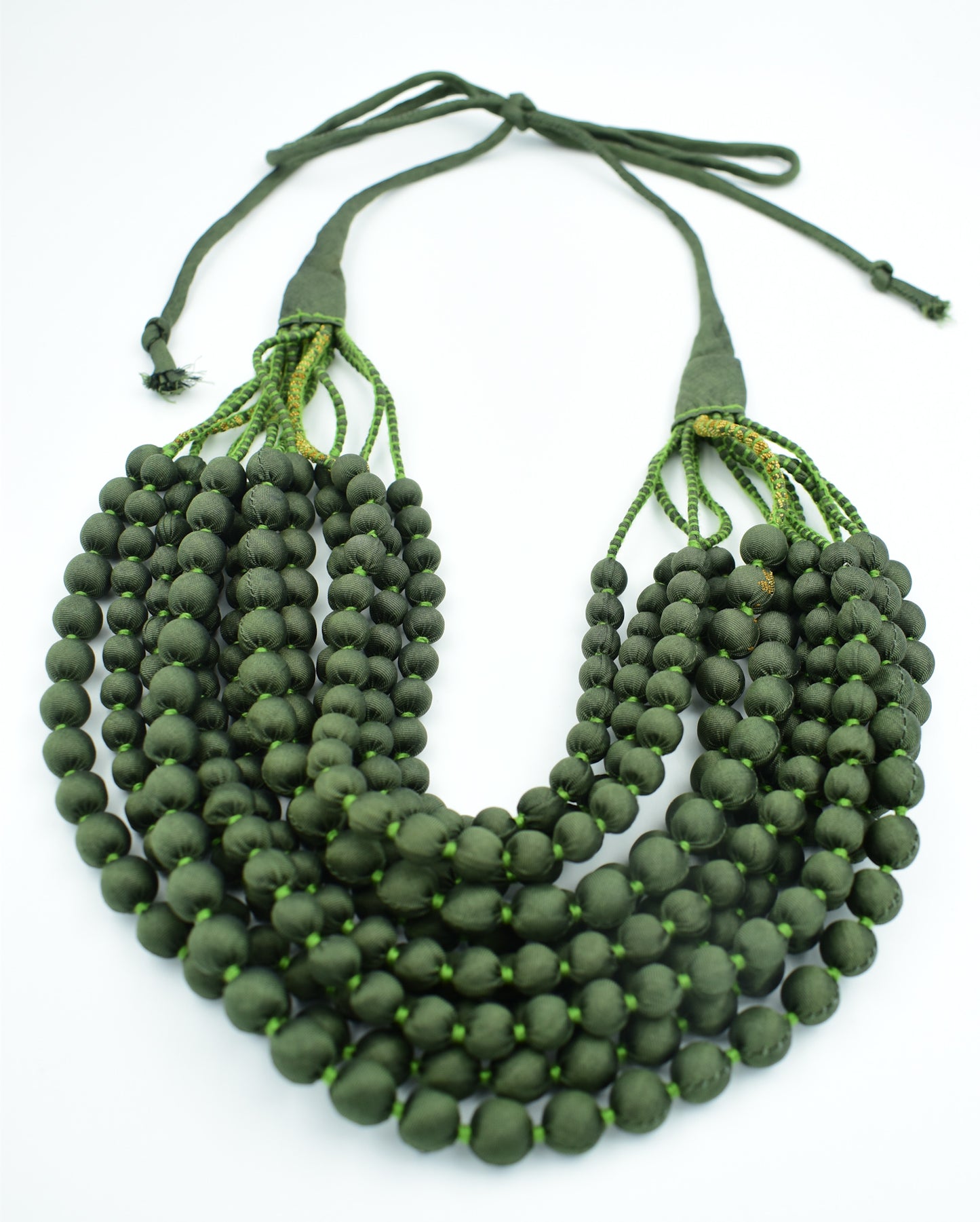Growth — Sari Silk Bead Necklace, 12-String — Forest Green — detail of beads