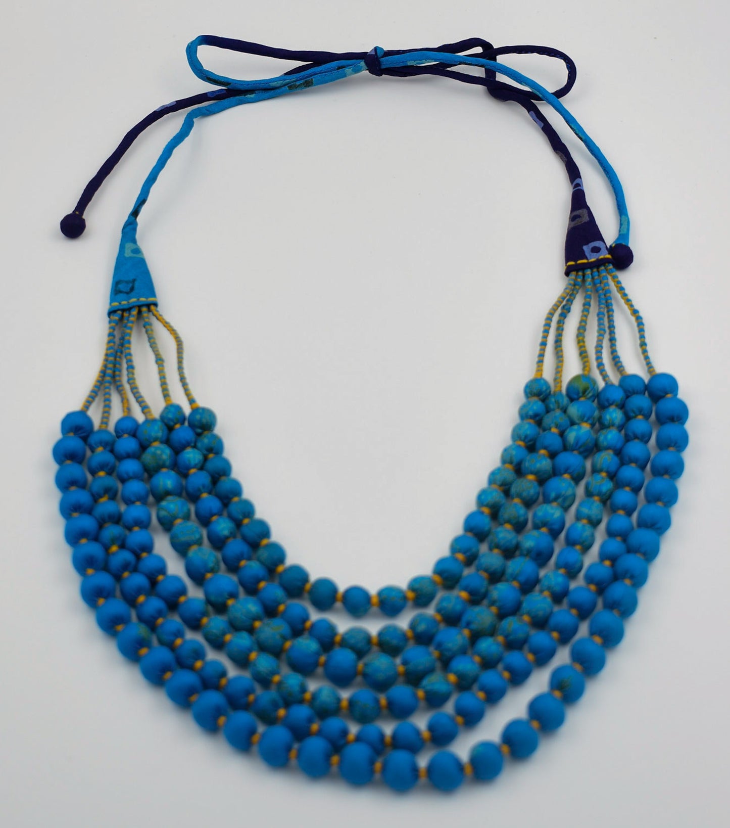 Curacao — Sari Silk Bead Necklace, 6-String — Vivid Blue — worn on neck