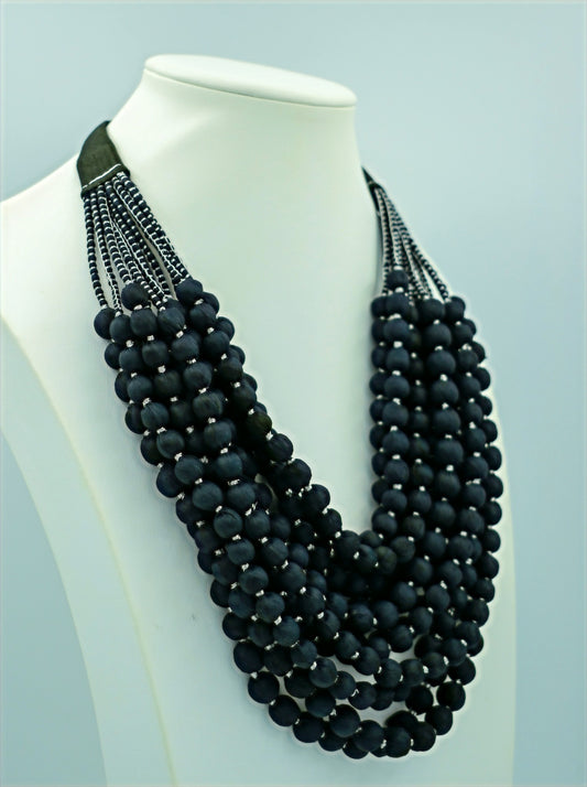Ebony — Sari Silk Bead Necklace, 12-String — Black and Silver