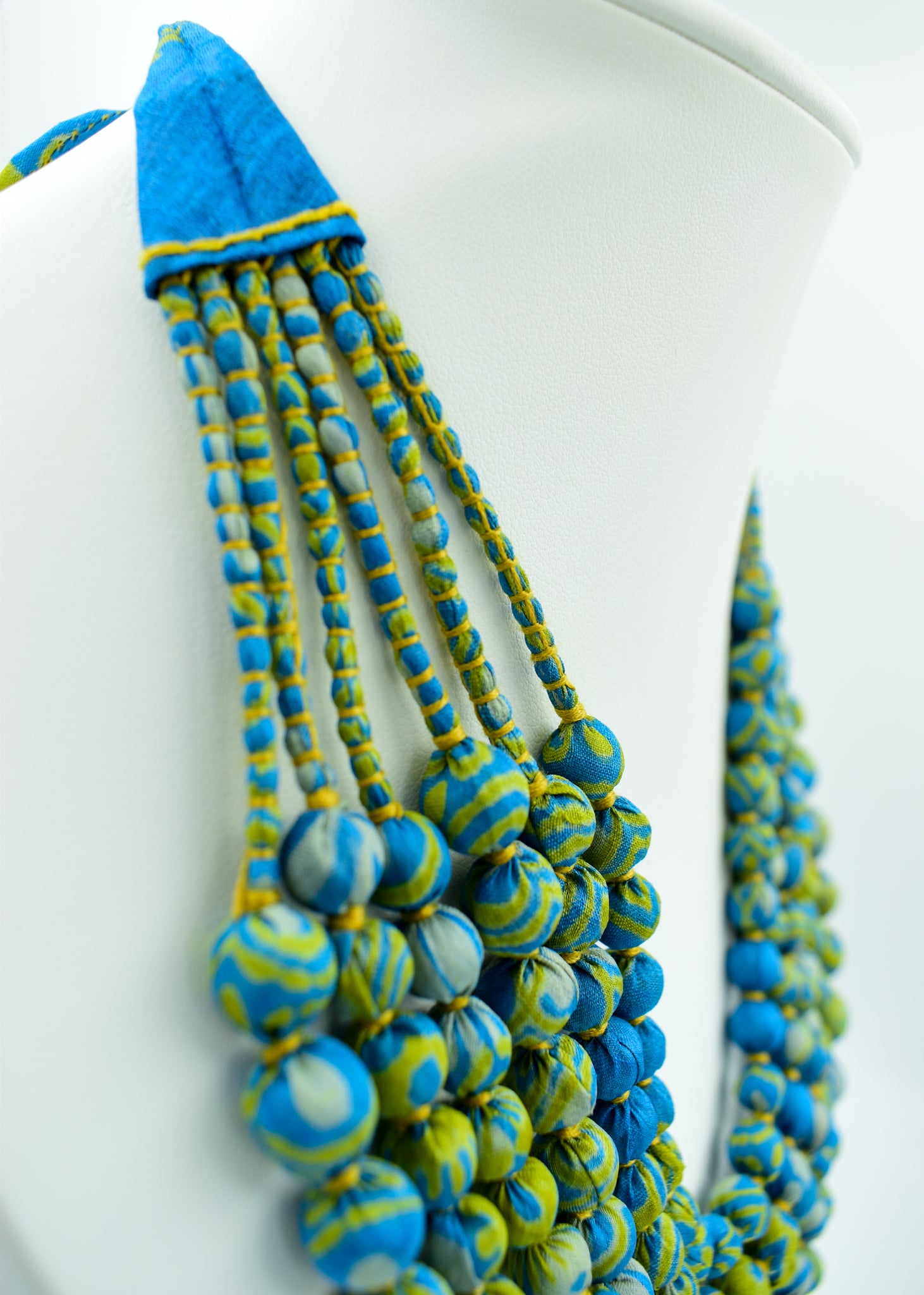 Minty Fresh Blue — Sari Silk Bead Necklace, 6-String — Blue and Mint — worn on neck