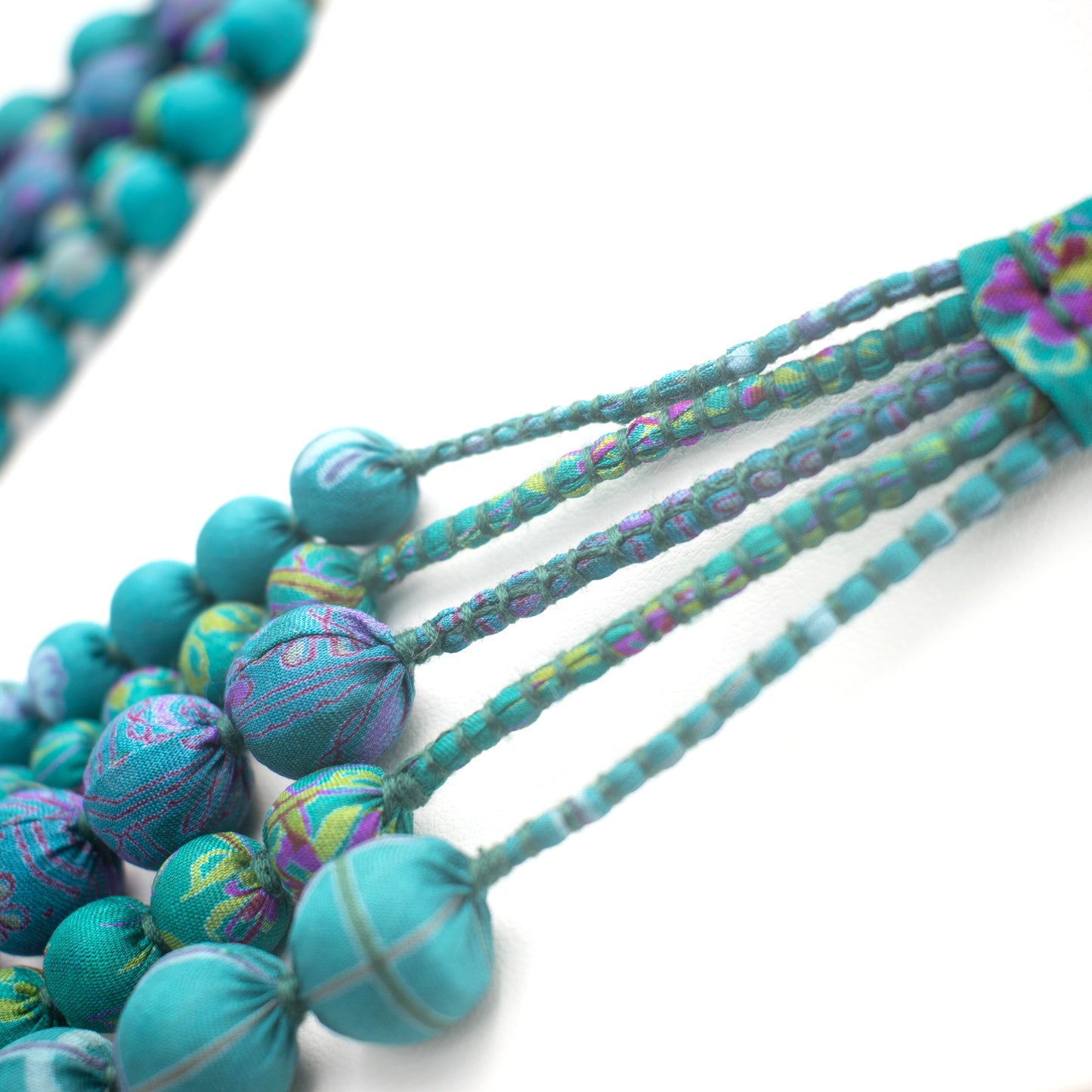 Sari Silk Bead Necklace, 5-String — Teal — worn on neck