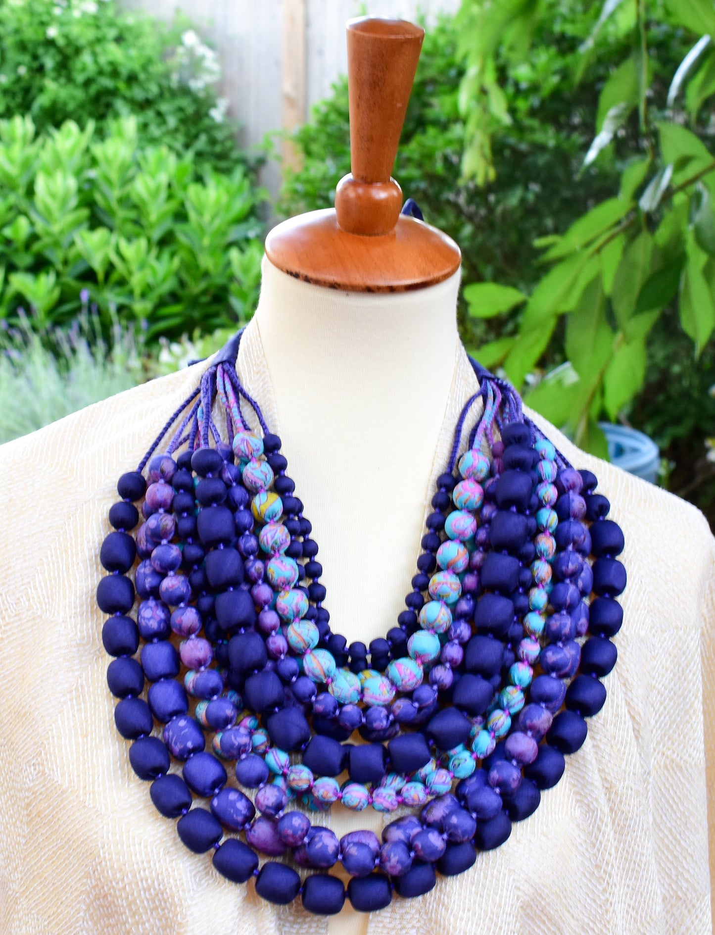 Purple Iris — Sari Silk Necklace, Iris Style — Shades of Purple — worn on neck