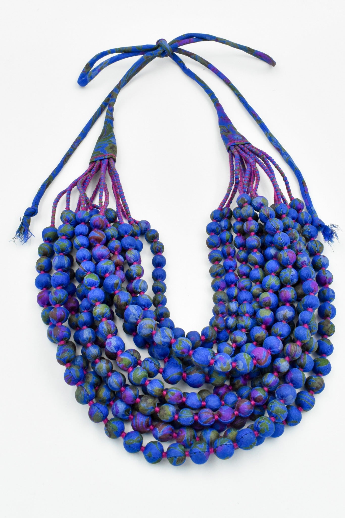 Sari Silk Bead Necklace, 12-String — Blue Violet — detail of beads