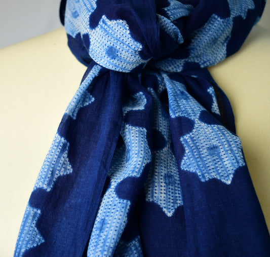 Cotton Shibori Scarf — Indigo Star Pattern — draped