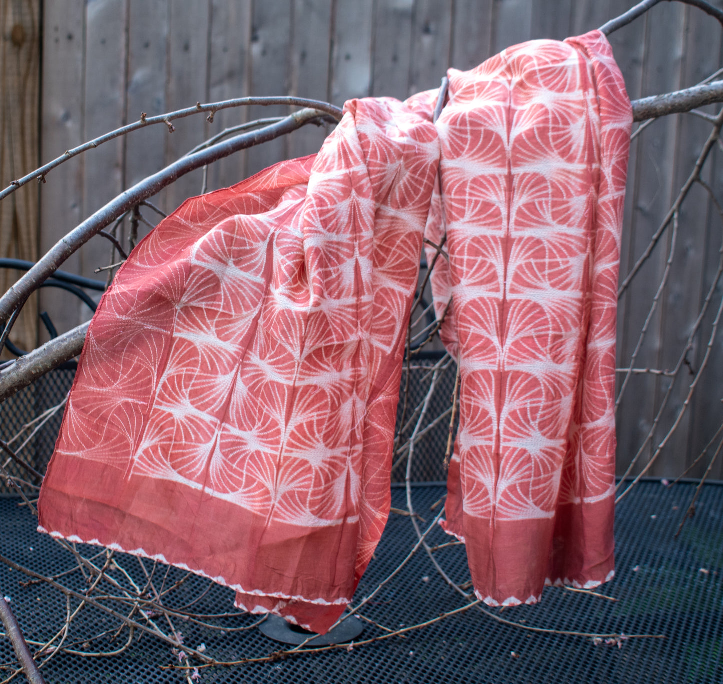 Cotton-Silk Shibori Scarf — Light Rust — styling view