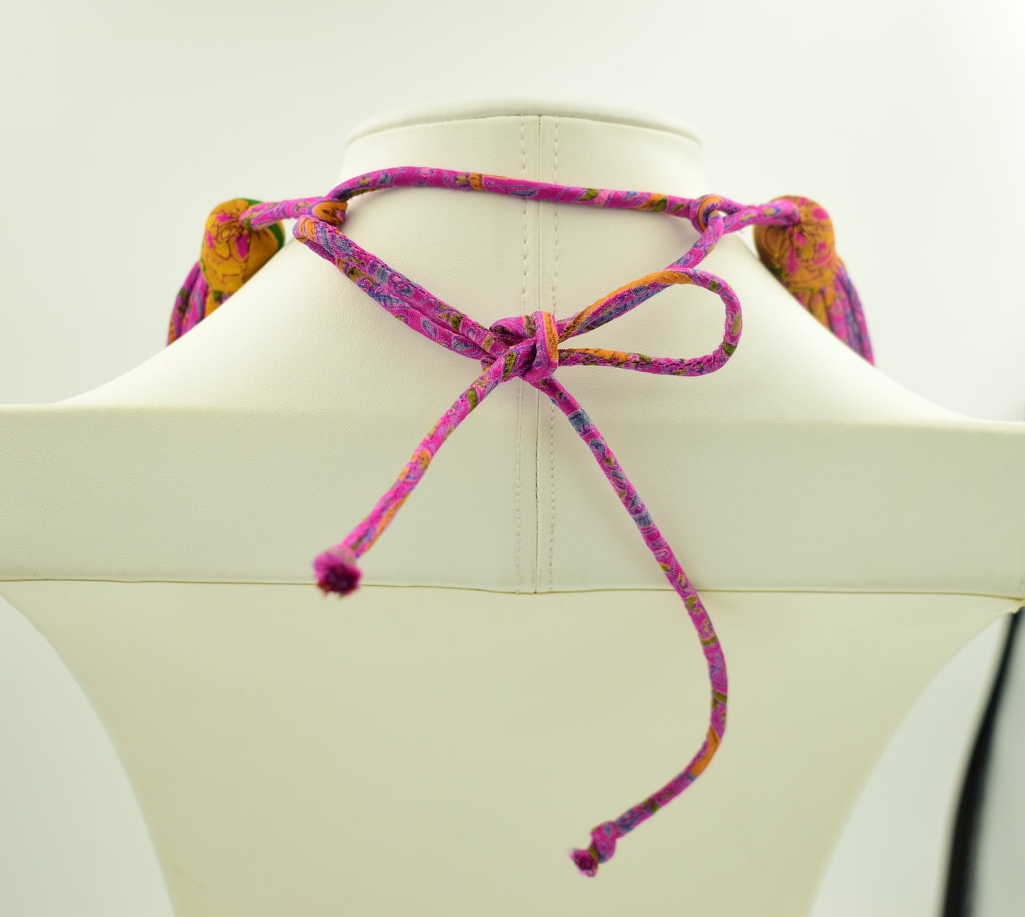 Autumn Sunset — Sari Silk Bead Necklace — Pink and Gold — styling view