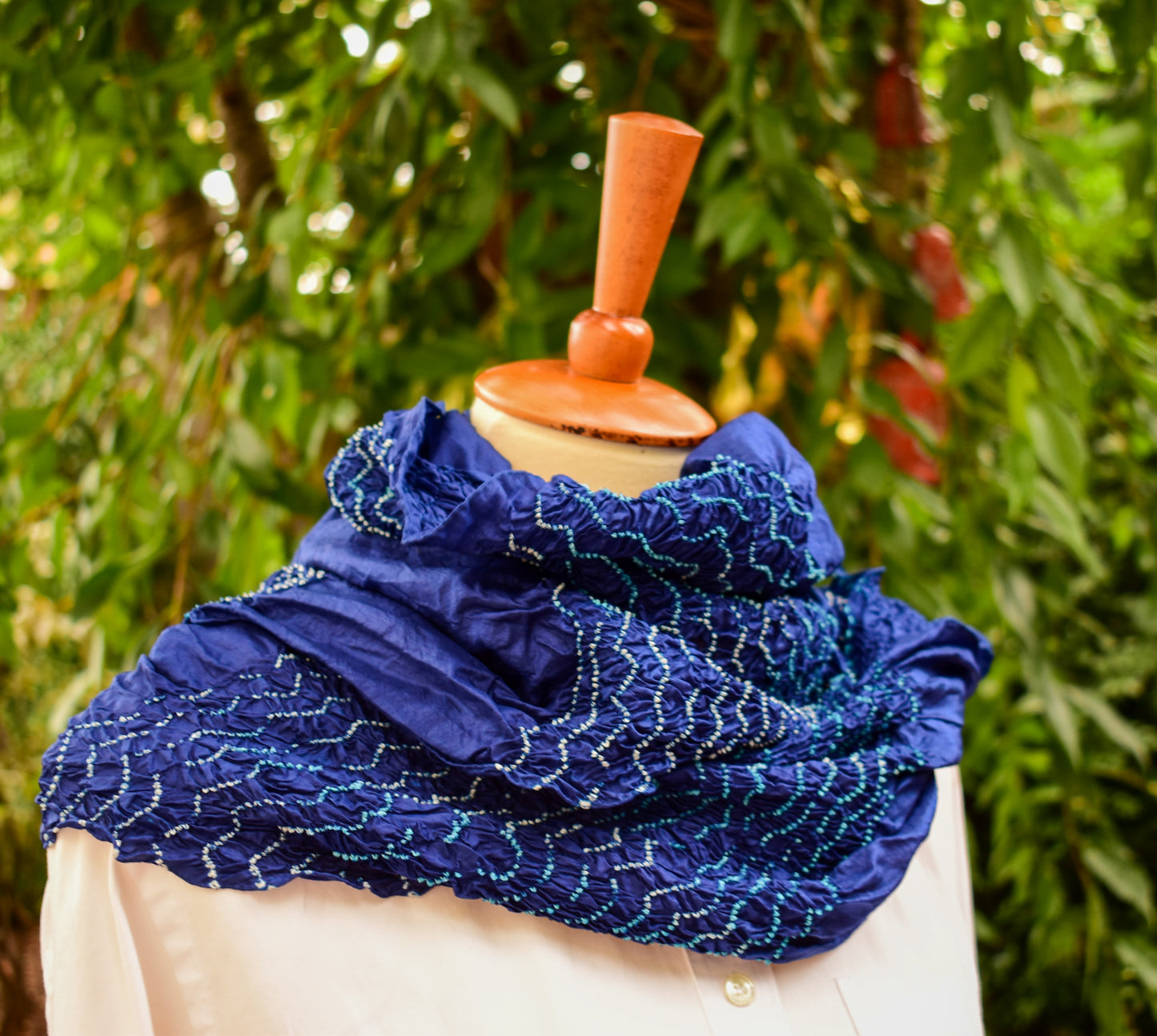 Tiny Dots Bandhani Scarf — Blue — styling view