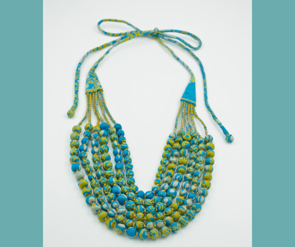 Minty Fresh Blue — Sari Silk Bead Necklace, 6-String — Blue and Mint