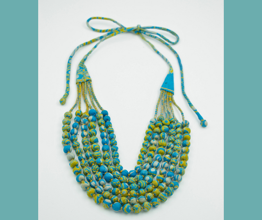 Minty Fresh Blue — Sari Silk Bead Necklace, 6-String — Blue and Mint