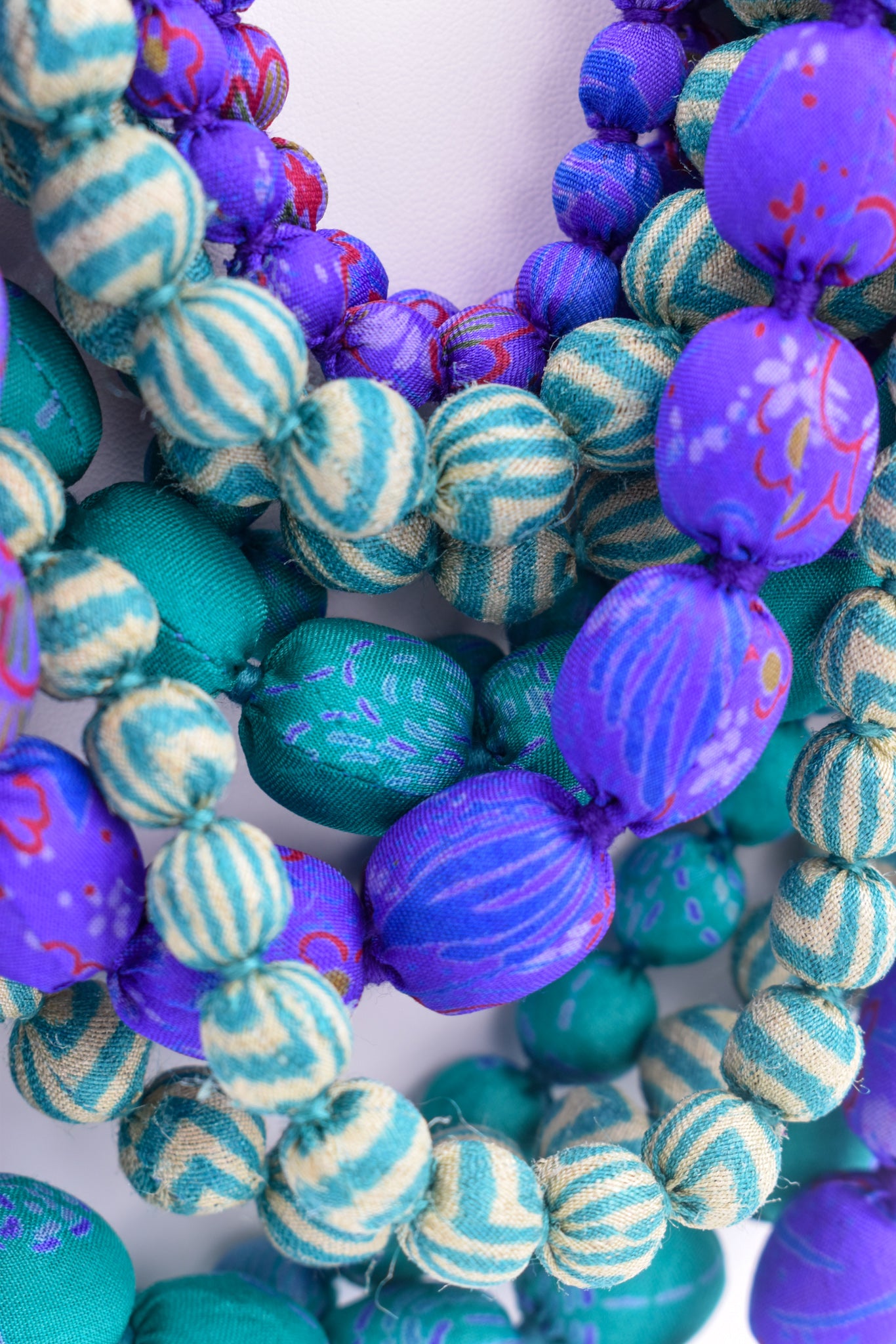 Peppermint — Sari Silk Necklace, Iris Style — Purple and Mint — worn on neck