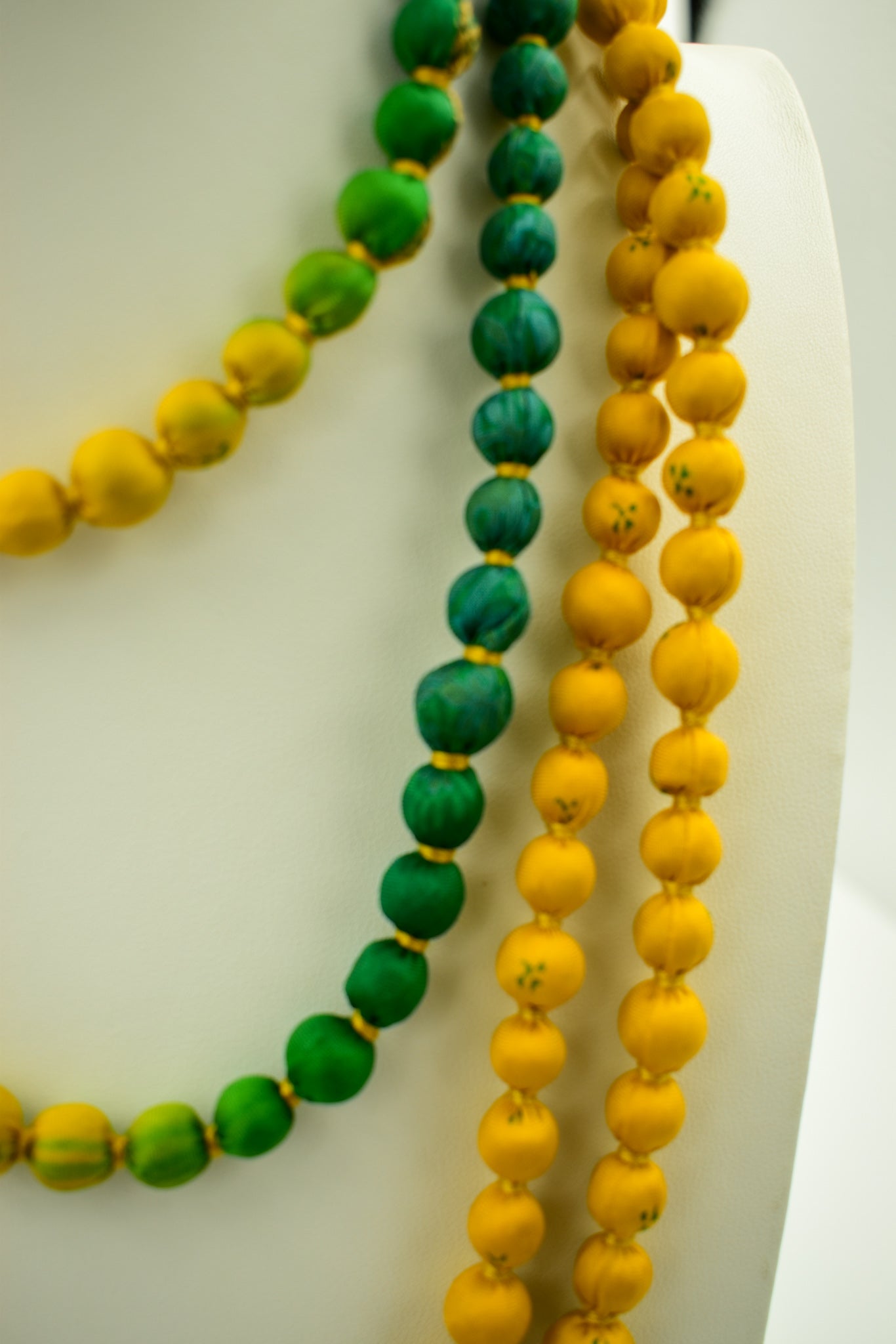 Two-Toned — Sari Silk Bead Necklace, 1-String — Green and Yellow — worn on neck