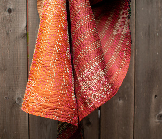 Kantha Silk Sari Shawl — Orange and Black Print, Gold Border — draped