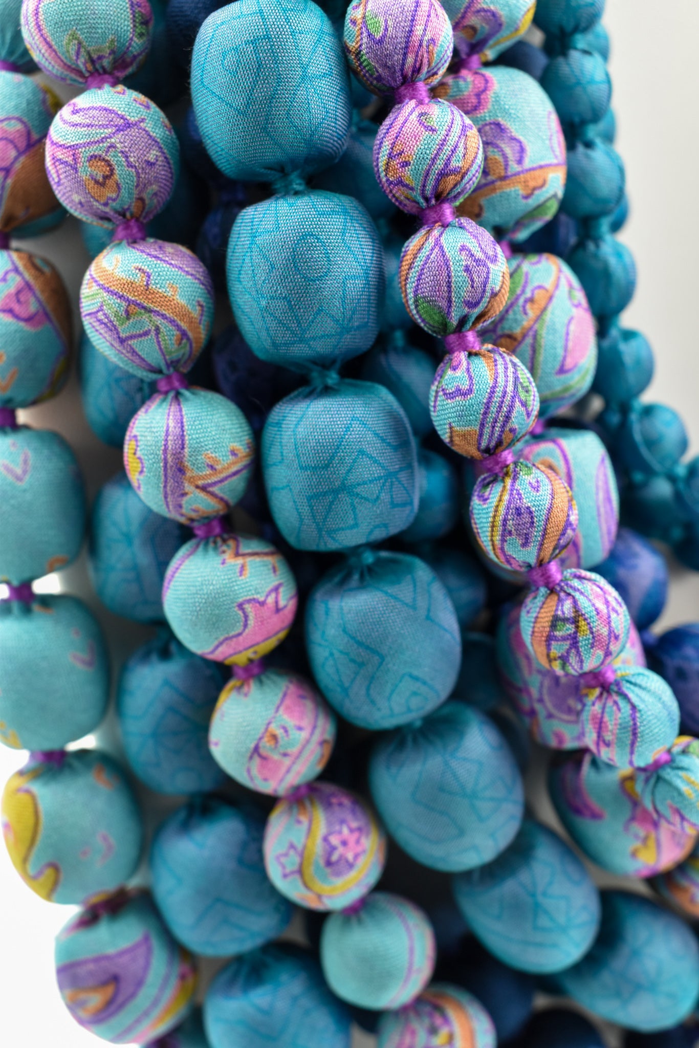 Serenity — Sari Silk Necklace, Iris Style — Blue and Pink — worn on neck