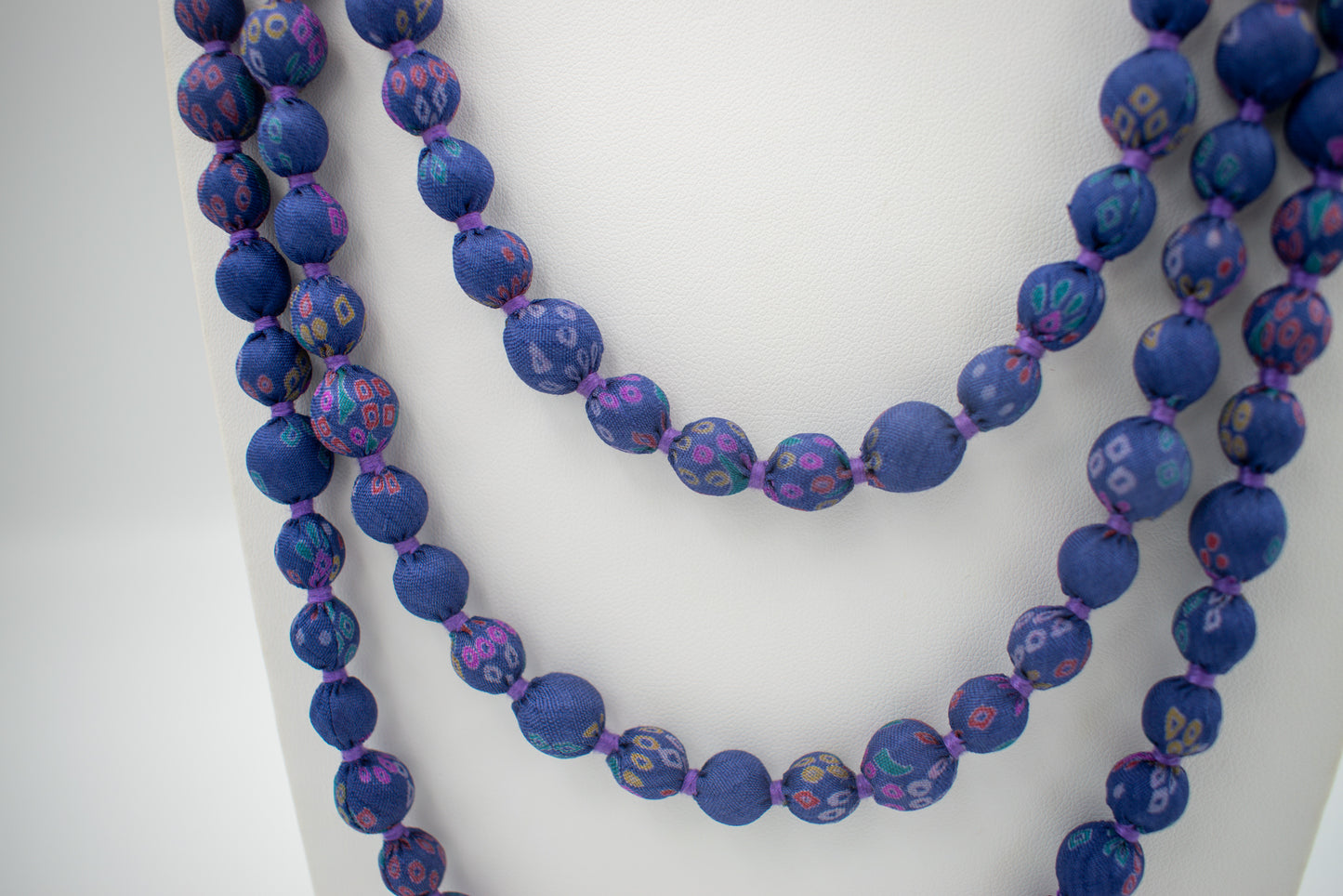 Sari Silk Bead Necklace, 1-String — Indigo Tie-Dye — detail of beads
