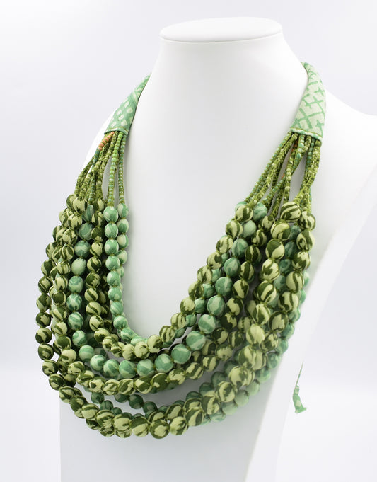 Verdant — Sari Silk Bead Necklace, 12-String — Shades of Green