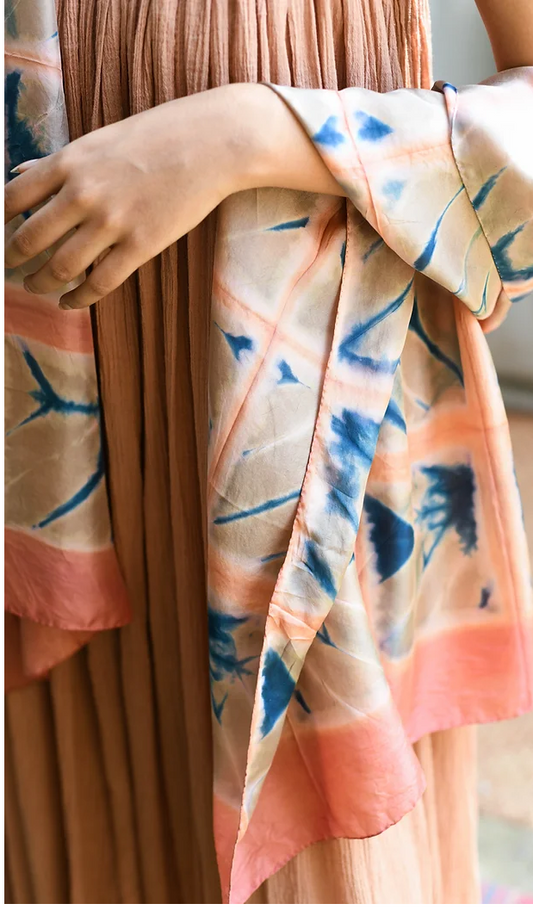 Silk Shibori Scarf — Beige, Peach and Indigo