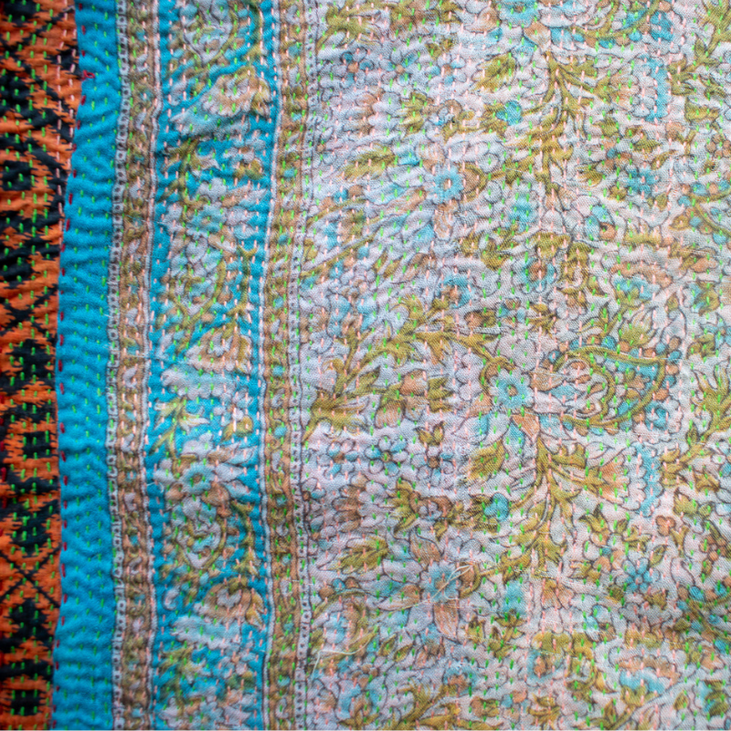 Kantha Silk Sari Shawl — Rust Floral Print — close-up detail