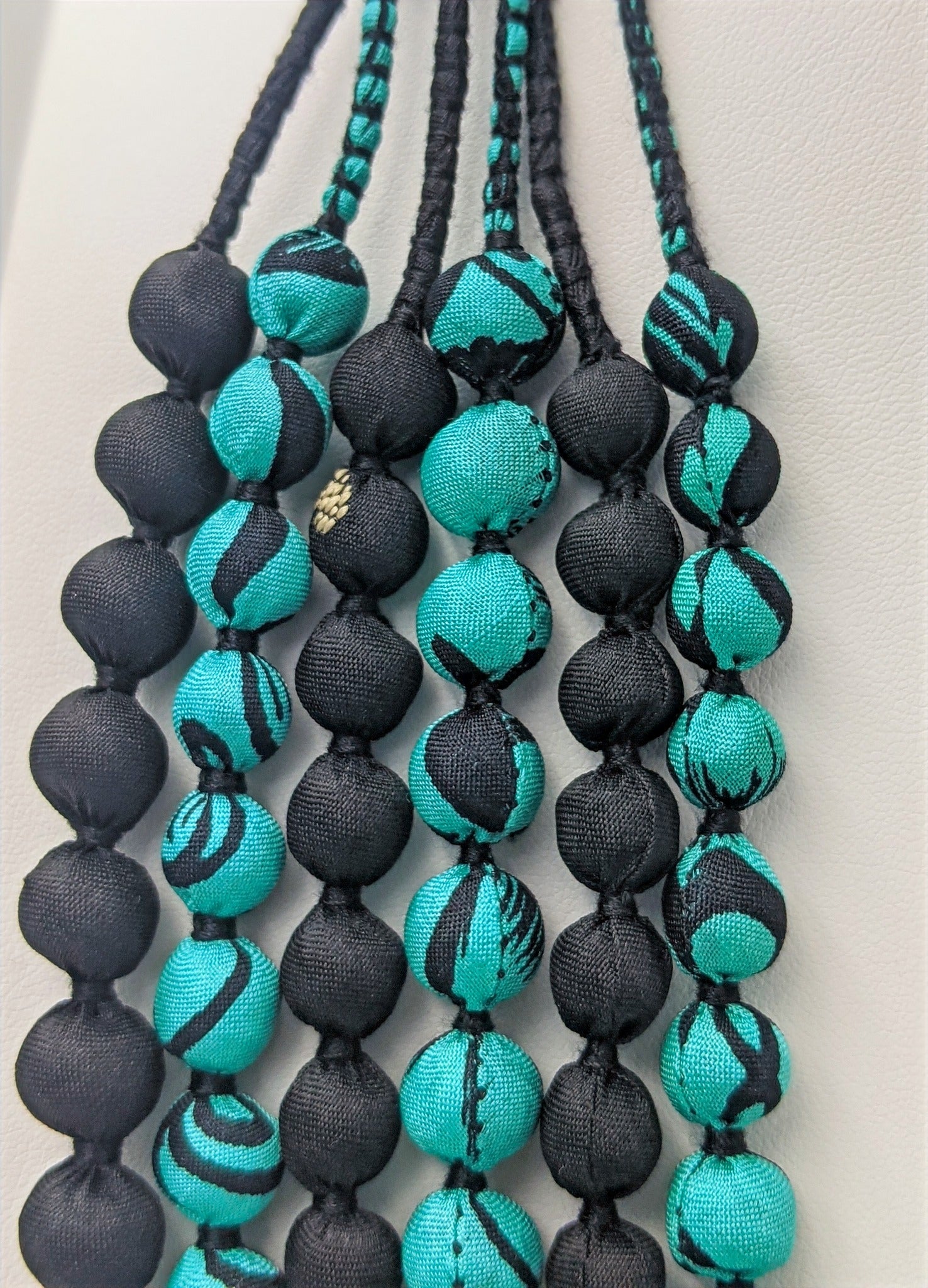 Sari Silk Bead Necklace, 6-String — Mint and Black — worn on neck