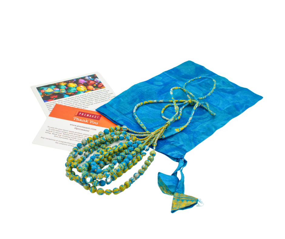 Minty Fresh Blue — Sari Silk Bead Necklace, 6-String — Blue and Mint — view 6