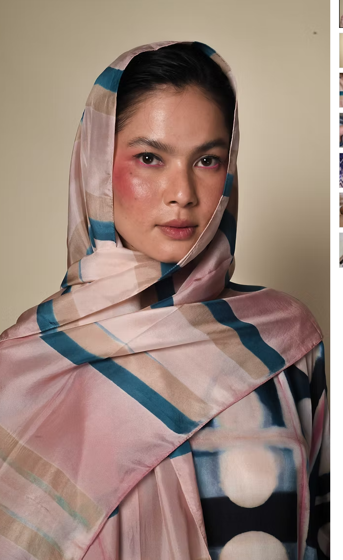 Silk Shibori Scarf — Blush and Indigo Stripe