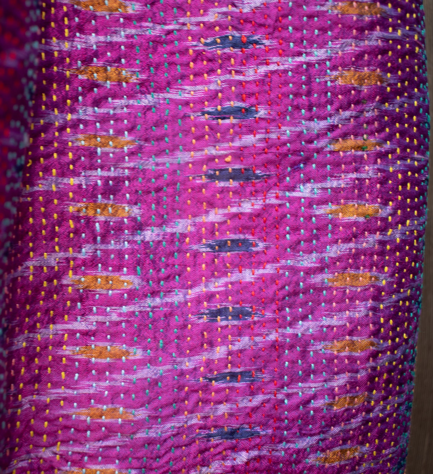 Kantha Silk Sari Shawl — Pink Ikat — close-up detail